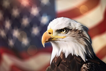 Naklejka premium Illustration of an American Eagle on a Blurred American Flag Background. Generative AI.