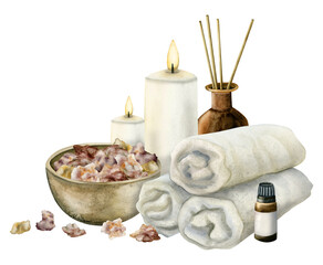Obraz na płótnie Canvas Spa beauty bath accessories. Aroma sticks in bottle, scented oil, towels, pink salt in bronze bowl. Watercolor wellness healthcare illustration