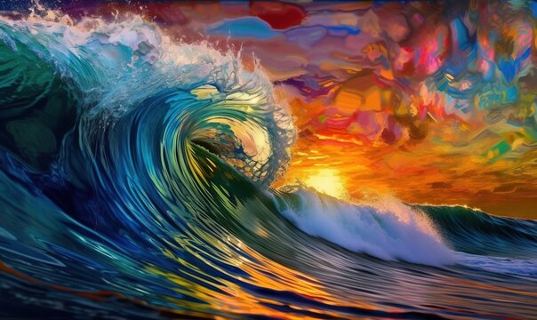  a painting of a colorful ocean wave with a sunset in the background.  generative ai