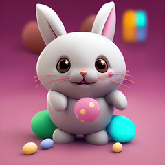 Modern Illustration of cute cartoon white rabbit with easter eggs. Easter Bunny. Generative AI 