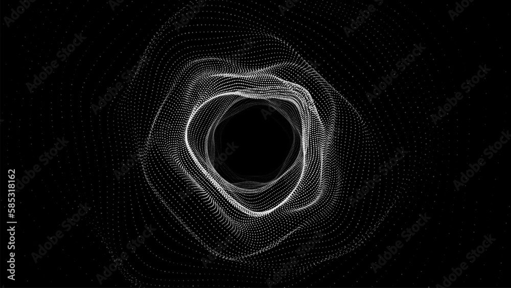 Poster Abstract dynamic wireframe tunnel on dark background. Deep wave wormhole. Futuristic particle flow. Vector illustration.