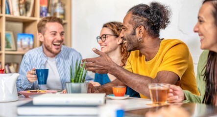 Happy multiracial friends studying together at library - Happy multicultural students taking a relax  while drinking tea and coffee after lesson - HDR filter 