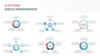 Set of circle infographic templates with five options or steps