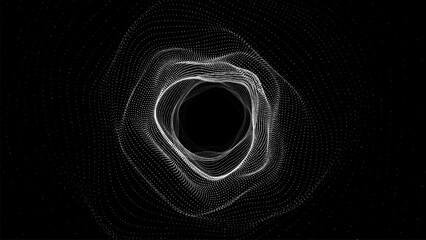 Abstract dynamic wireframe tunnel on dark background. Deep wave wormhole. Futuristic particle flow. Vector illustration.