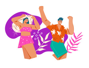 Beach vacation summer party or dance party in swimming pool banner with young dancing people, flat cartoon vector illustration isolated on a white background.