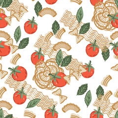 Pasta, basil leaves and tomatoes seamless pattern design for food packaging and prints on dishes and kitchen textiles, flat hand drawn vector illustration on white background.