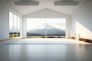 Clean and calm yoga studio with beautiful nature view. Interior design. Generative AI