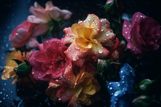 Against a dark and atmospheric backdrop, a bouquet of brightly colored flowers glows with the fresh vitality of rain. This still-life photo is a celebration of nature's beauty. Generative AI © Kishore Newton