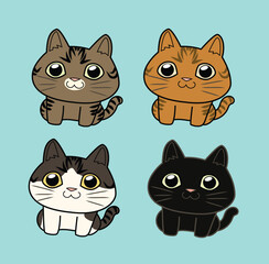 4 different cat cartoon clipart solid color  