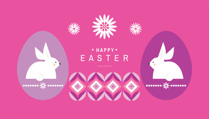 Happy Easter festive  template web banner design  with  rabbit, easter egg , spring flower, For decorated easter greeting card, banner cover, poster. Flat cartoon  style Vector icon illustration