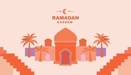 Happy Ramadan Kareem  Islamic template design with Crescent, mosque, minaret, Ramadan traditions Islamic Holy Month   Vector vintage art  illustration