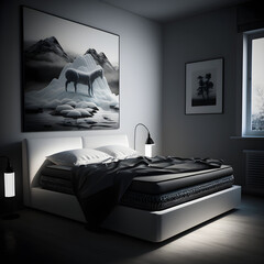4K concept art: cool gel hybrid queen mattress on a Norwegian styled bed: designed by Sony: colours black, grey and white, Ai generated 