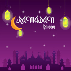 Obraz na płótnie Canvas Ramadan kareem poster design with mosque ornaments and lanterns