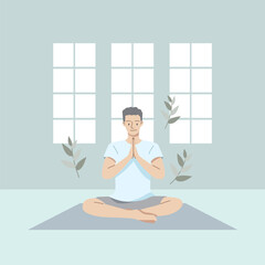 Young man meditating on natural background. Self care, love yourself icon or body positive concept.Hand draw style. Vector illustration.
