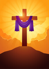 Wooden cross with purple sash on clouds and light burst