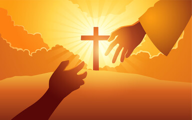 God hand reaching out for human hand with cross on hill as the background