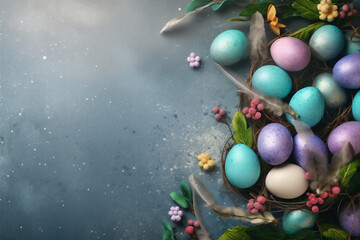 Obraz na płótnie Canvas Pastel Easter Eggs on a background banner, top view with copy space, Minimalist Easter background. Generative AI 