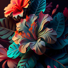 Graphic design of colorful flowers on a dark background