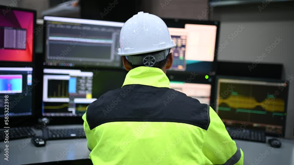 Wall mural engineer working at control room,manager control system,technician man monitoring program from a lot