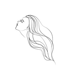 Woman with long hair abstract portrait, continuous line drawing, beautiful girl is single line on white background, isolated vector illustration. Tattoo, print and logo design for spa or beauty salon.