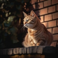 Cute domestic cat sitting next to brick wall in the garden. Made with Generative AI.
