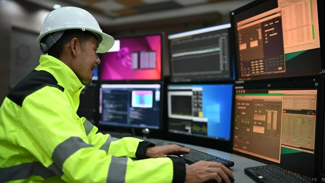 Engineer working at control room,Manager control system,Technician man monitoring program from a lot of monitor