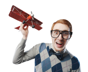 Childish funny guy playing with a toy