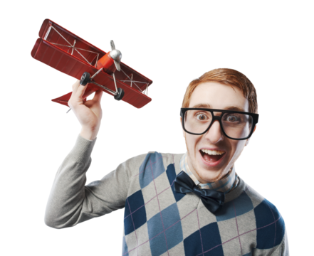 Childish funny guy playing with a toy