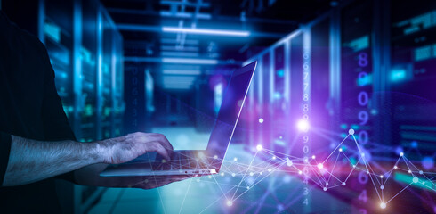 Big data technology background. Using a laptop against the background of visualization of a computer internet network, social connection, analytics, information.