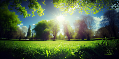 Obraz na płótnie Canvas Beautiful spring nature with a neatly trimmed lawn surrounded by trees against a blue sky with clouds on a bright sunny day with defocused bokeh lights and flare effect