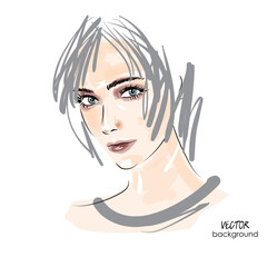 art sketching portrait of beautiful young woman makeup face in isolated vector; glamour girl model fashion illustration; short hairstyle
