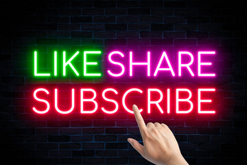 Like, share, subscribe neon banners on bricks wall backgrounds, light signboard followers, and social media content channels.	
