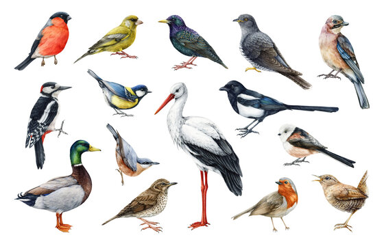 Forest birds watercolor set. Hand drawn various european native bird collection. Stork, woodpecker, wren, duck, bullfinch, cuckoo, nuthatch realistic illustration. Different bird species image set