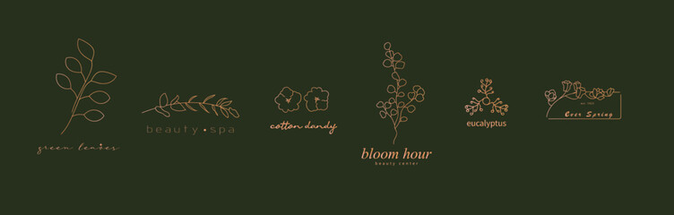 Six minimalist line art golden floral botanical logo. suitable for business card professional design.