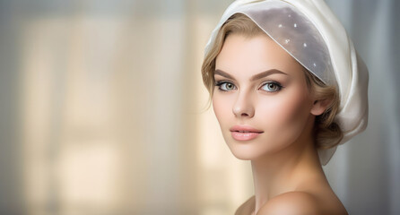 Beautiful spa model portrait with perfect fresh and clean skin banner template mock up with copy space.