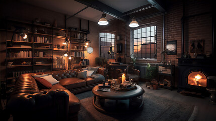 living room loft in an industrial style. Generative AI