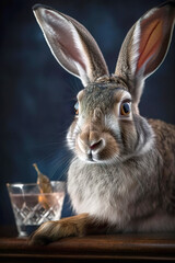 Very cute rabbit with a glass of drink at the table. AI generated illustration.