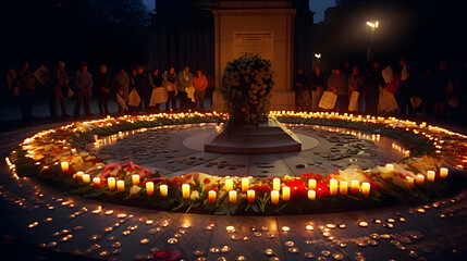 Obraz premium An image of a war memorial or monument with flowers and candles placed at its base, as people gather around to pay their respects.