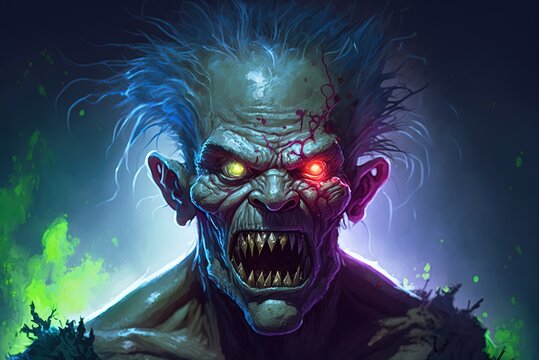 Illustration in the style of a digital painting depicting a ghoulish zombie gnashing its teeth Generative AI