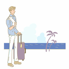 猫と海へ旅する男性