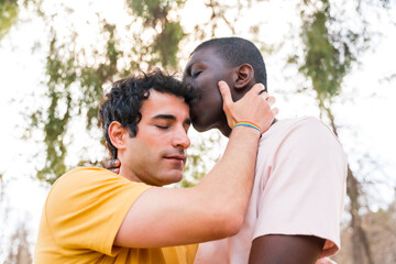 Lgbt concept, couple of multiethnic men in a park kissing each other on the forehead, romantic pose