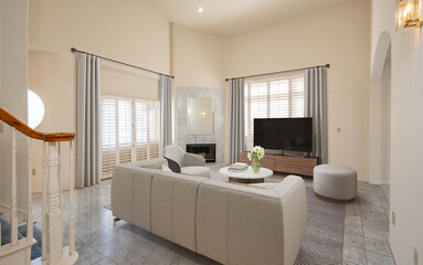 Spacious Big Living Room Of Luxurious Estate With Wooden Elements. Modern Mansion Interior With A New Stylish Furniture Design Concept For Residential Home. 3D illustration. Florida, USA 