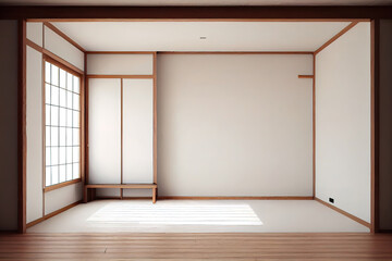 Obraz premium Cabinet wooden japandi design on living room muji style empty wall background. Generative Ai