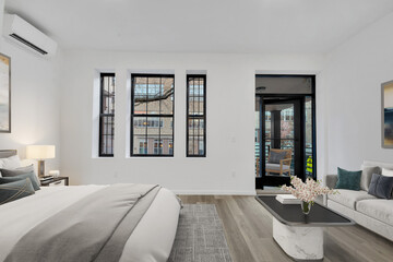 Luxurious king-size bed with modern furniture in a bright bedroom. Template for expensive bedroom. Concept for interior design, architecture, and lifestyle. 3D illustration. California, USA - 2023