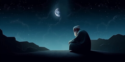 muslim old man praying on a starry and crescent moon moon night Generative AI - obrazy, fototapety, plakaty