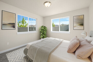 Luxurious king-size bed with modern furniture in a bright bedroom. Template for expensive bedroom. Concept for interior design, architecture, and lifestyle. 3D illustration. California, USA - 2023