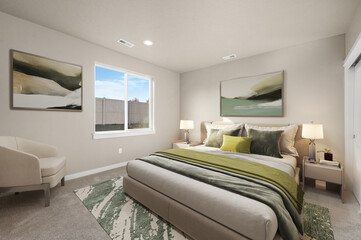 Luxurious king-size bed with modern furniture in a bright bedroom. Template for expensive bedroom. Concept for interior design, architecture, and lifestyle. 3D illustration. California, USA - 2023
