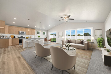 Spacious Big Living Room Of Luxurious Estate With Wooden Elements. Modern Mansion Interior With A New Stylish Furniture Design Concept For Residential Home. 3D illustration. Florida, USA