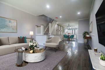 Spacious Big Living Room Of Luxurious Estate With Wooden Elements. Modern Mansion Interior With A New Stylish Furniture Design Concept For Residential Home. 3D illustration. Florida, USA