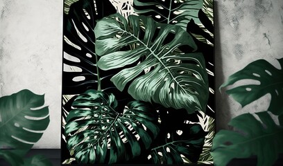  a painting of a tropical plant with green leaves on a black and white background.  generative ai